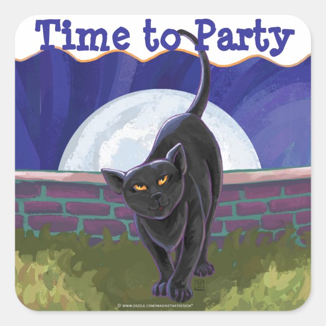 Black Cat Party Center Square Sticker (Front)
