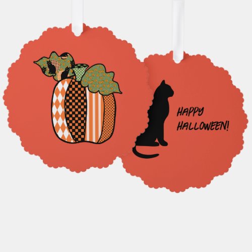 Black Cat Patchwork Pumpkin Happy Halloween Cute Ornament Card