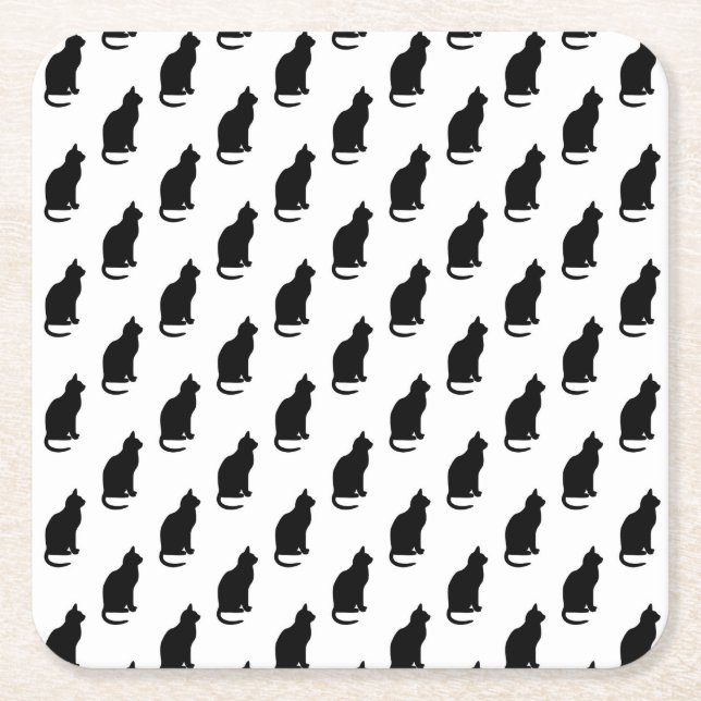 Black Cat Pattern Cats Texture White Background Square Paper Coaster (Front)