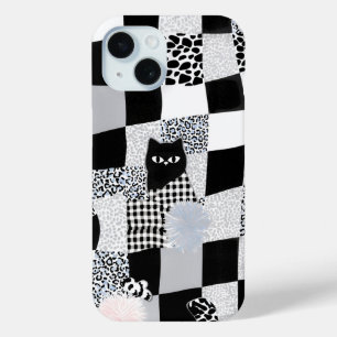 Black Cat Pattern Gingham Mixed Checkered Cheetah iPhone 15 Case