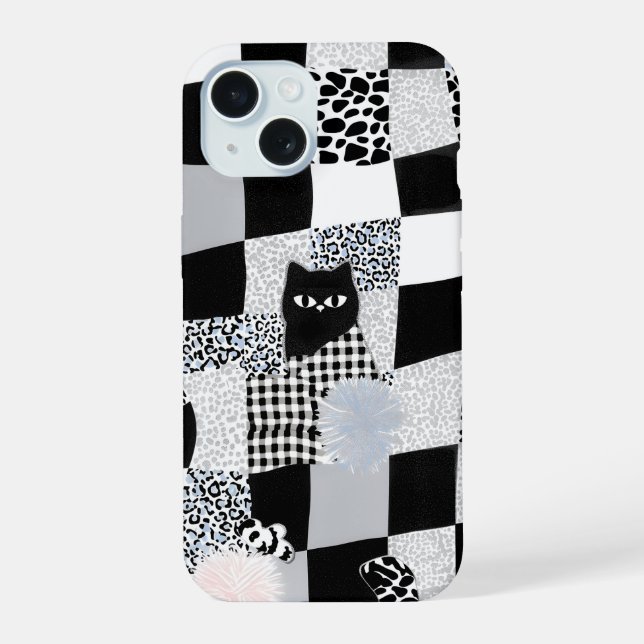 Black Cat Pattern Gingham Mixed Checkered Cheetah  Iphone Case (Back)
