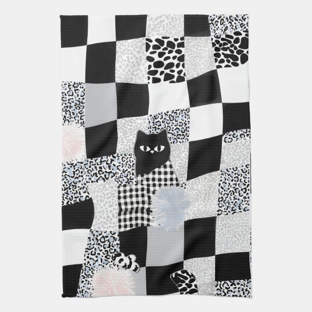 Black Cat Pattern Gingham Mixed Checkered Cheetah  Kitchen Towel (Vertical)
