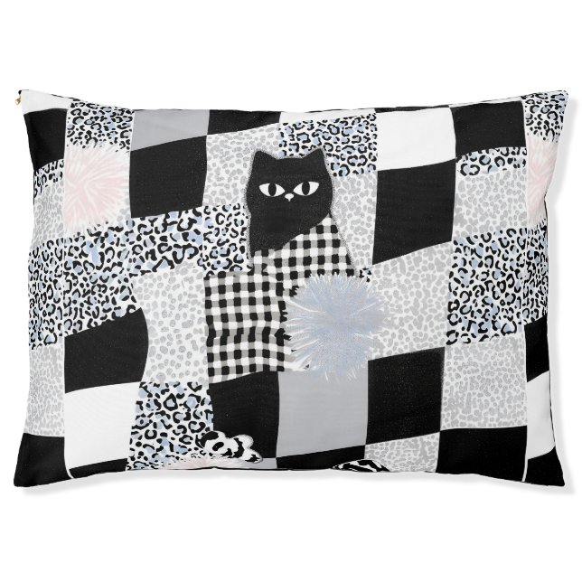 Black Cat Pattern Gingham Mixed Checkered Cheetah  Pet Bed (Front)