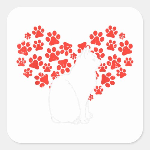 Black Cat Paw Heart Cute Animal Lover Valentines D Square Sticker