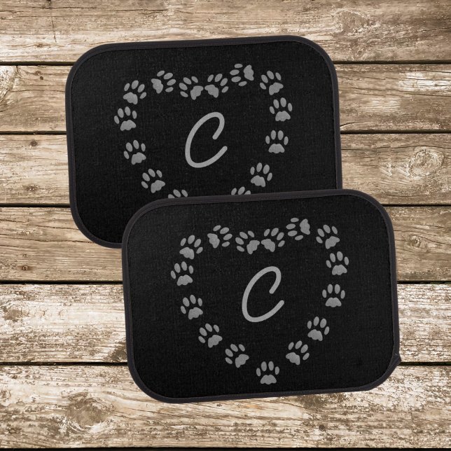 Black Cat Paw Print Heart Monogram Car Floor Mats (A fun set of rear car mats with space for your initial. Cats love them!)