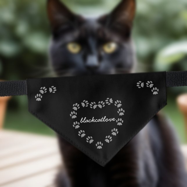 Black Cat Paw Print Heart Name Pet Bandana Collar (Add your cat's name to this cute black and grey paw print heart bandana)