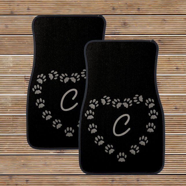 Black Cat Paw Print Heart Rear Car Floor Mats (If you love cat paws, this is the car mat set just for you! Just add your initials)