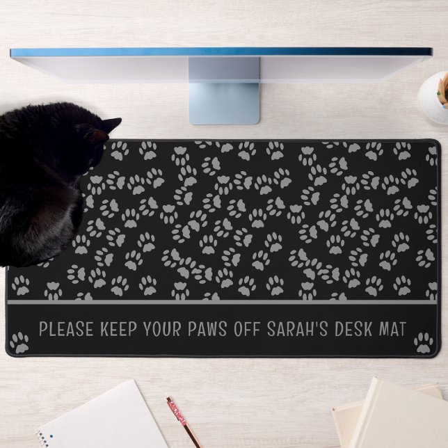 Black Cat Paw Print Pattern Personalized Desk Mat (Ask your cat nicely not to sit on your desk. They'll ignore you but your desk will be fur free!)
