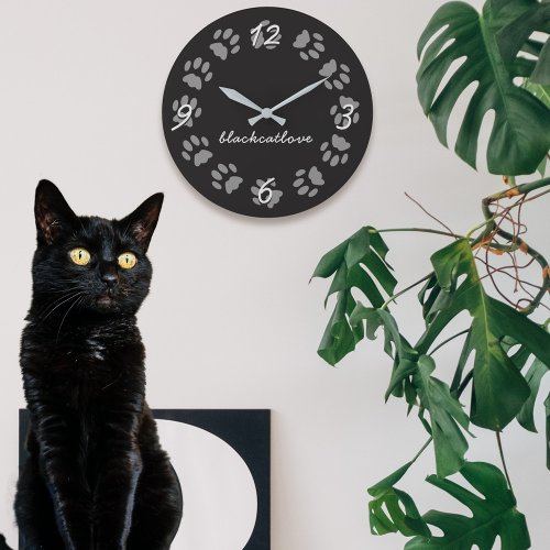 Black Cat Paw Print Personalized Wall Clock