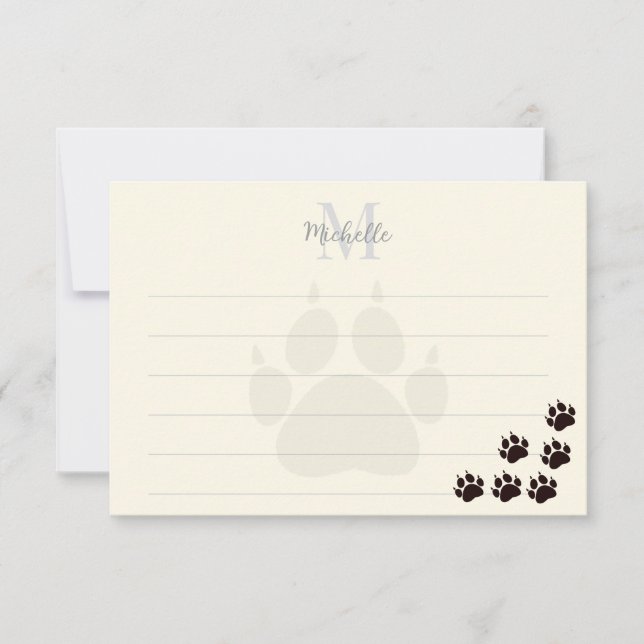 Black Cat Paw Prints Lined Monogram Cream Note Card (Front)