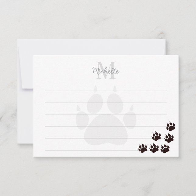 Black Cat Paw Prints Lined Monogram Note Card (Front)