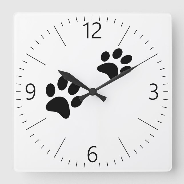 Black cat paw prints on white square wall clock (Front)
