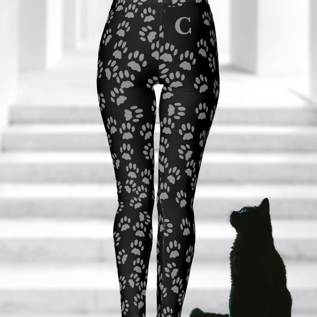Black Cat Paw Prints Pattern Monogrammed Leggings (If your cat walks all over you (like mine does) these are the leggings for you. Add your initial!)