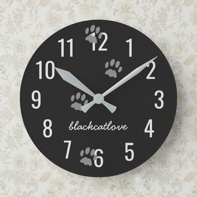 Black Cat Paw Prints Personalized Wall Clock (An easy to read clock with space for your cat's name or your own.)