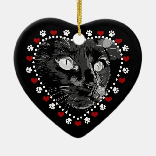 Black Cat Paws and Hearts Personalized Ornament (Front)