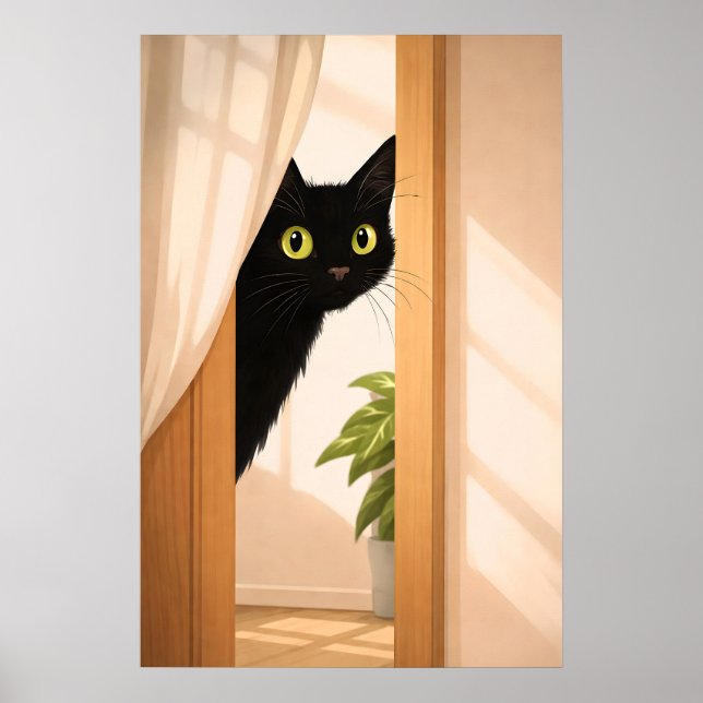 Black Cat Peek Poster, Minimalist Animal Poster (Front)