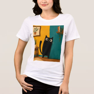 Black Cat Peeking Around Corner Cute Whimsical Tri-Blend Shirt