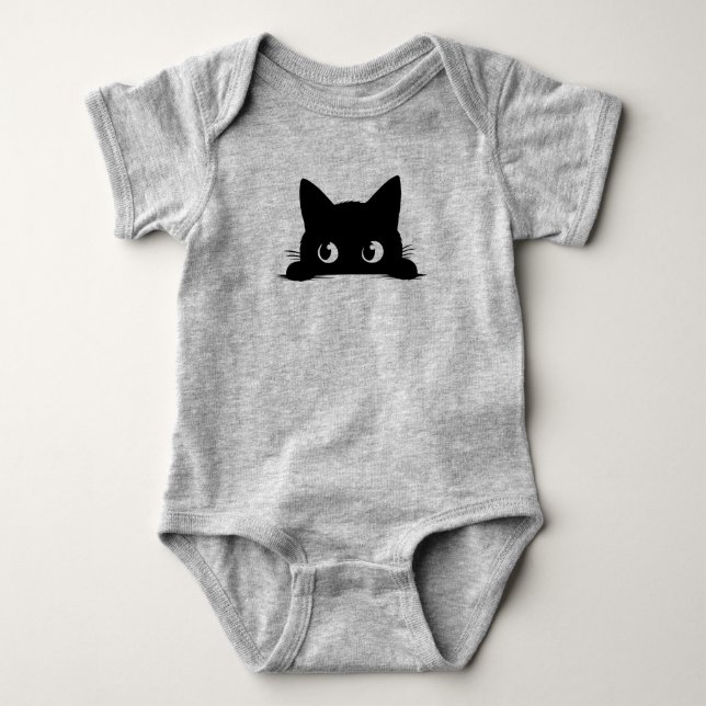 Black Cat Peeking Cute Halloween Fall Autumn Cat Baby Bodysuit (Front)