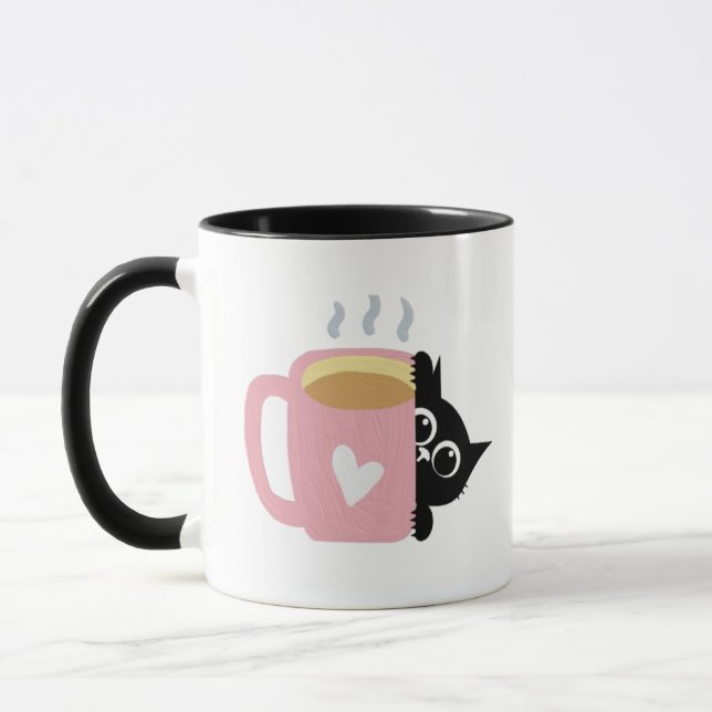 Black Cat Peeking Pink Heart Coffee Lover Mug (Left)