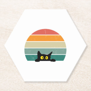 Black Cat Peeking Sunset Vintage 4 Paper Coaster