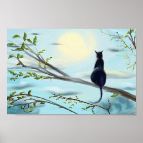 black cat perched in tree water color art poster