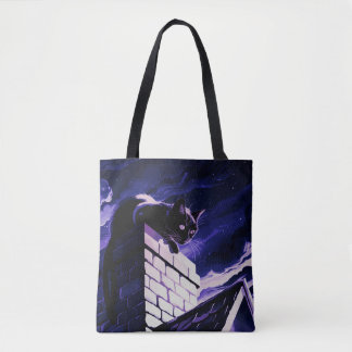 Black Cat Perched on Chimney Design Tote Bag