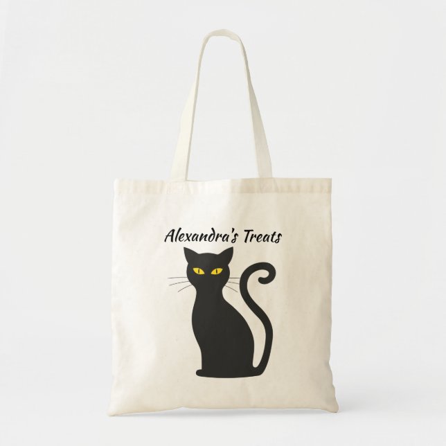 Black Cat Personalized Halloween Treat Bag (Front)
