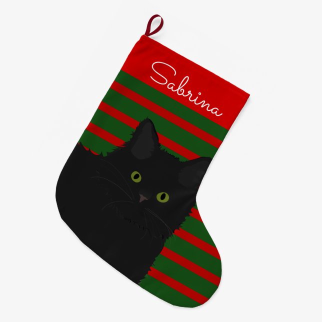 Black Cat Personalized Large Christmas Stocking (Front (Hanging))
