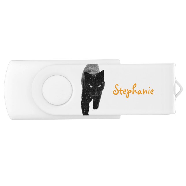 Black Cat Personalized Name USB Swivel Flash Drive (Front)