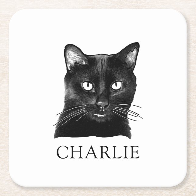 Black Cat Personalized Square Paper Coaster (Front)