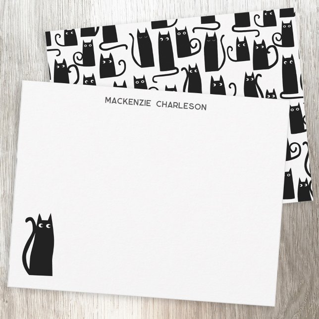 Black Cat Personalized Stationery Note Card (Fun personalized custom name black cat notecard)