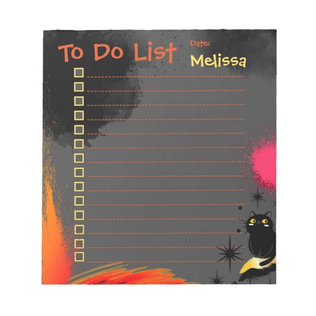 Black Cat Personalized To Do List Girly Notepad (Front)