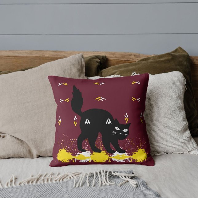 Black Cat Pet Friends Customized Cute Red Pattern Throw Pillow (Creator Uploaded)