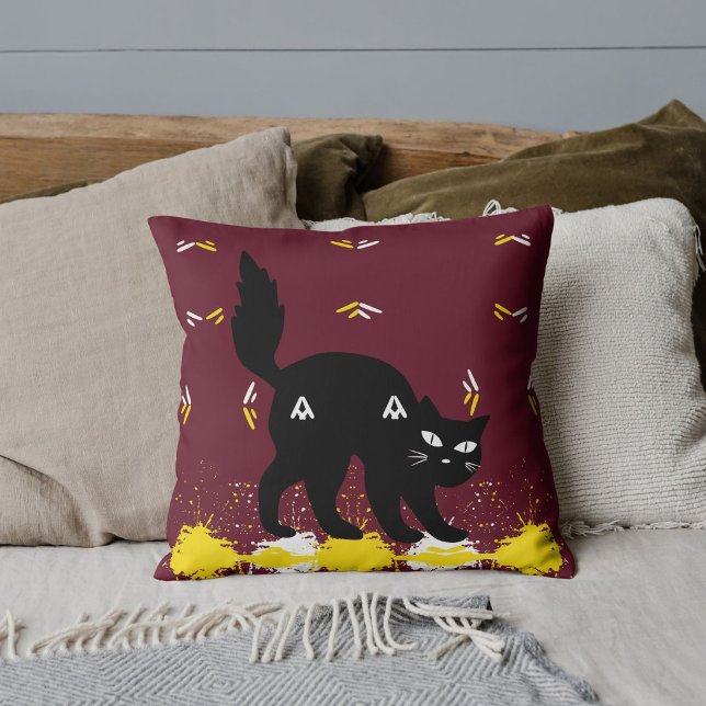 Black Cat Pet Friends Customized Cute Red Pattern Throw Pillow (Creator Uploaded)