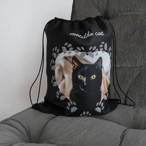 Black Cat Pet Photo Paw Print Heart Personalized Drawstring Bag