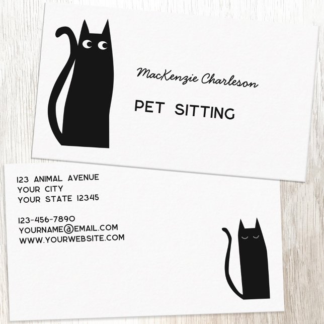 Black Cat Pet Services Business Card (Black cat pet sitting feeding animal services custom text business cards)