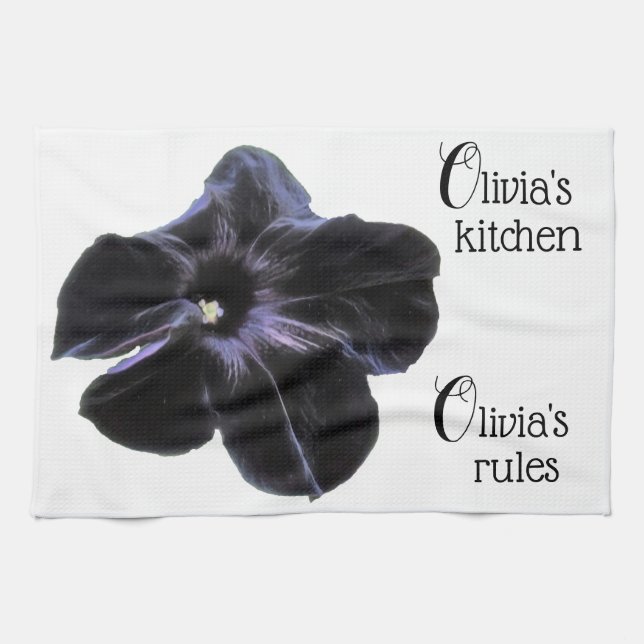 Black Cat Petunia Personalized Kitchen Towel (Horizontal)