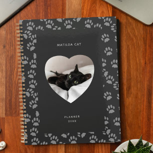 Black Cat Photo Heart Gray Paw Prints  Planner