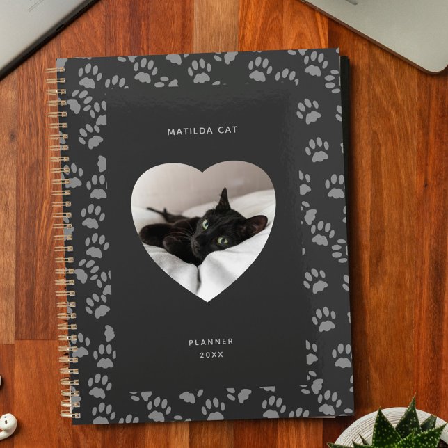 Black Cat Photo Heart Gray Paw Prints  Planner (Purrrfect for cat lovers! Just upload your favorite photo and add your name (or black cat's) )
