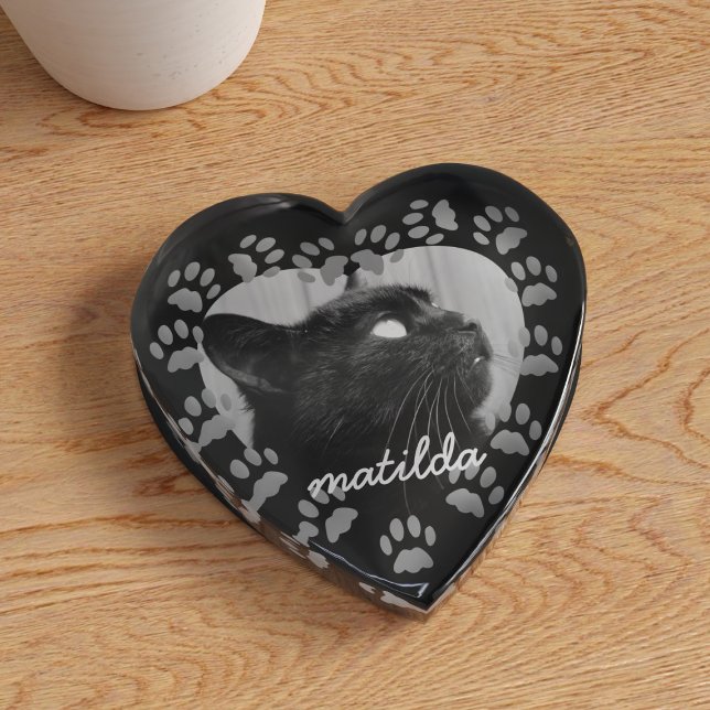 Black Cat Photo Paw Print Heart Keepsake Paperweight (Upload a photo of your best friend to this cute heart shaped paperweight)