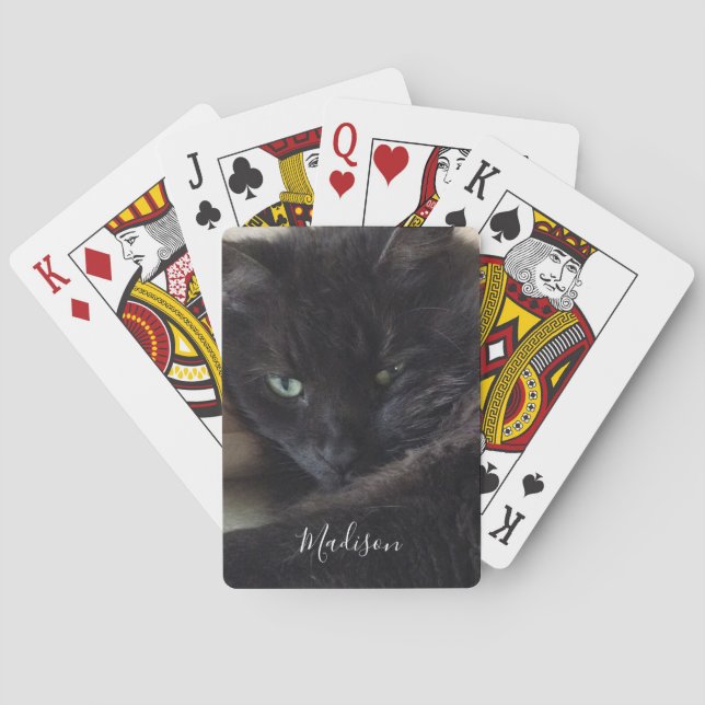 Black Cat Photo Personalized Name Poker Cards (Back)