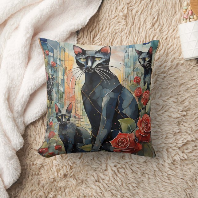 Black Cat Pillow Gothic Red Roses Pagan Witch (Blanket)