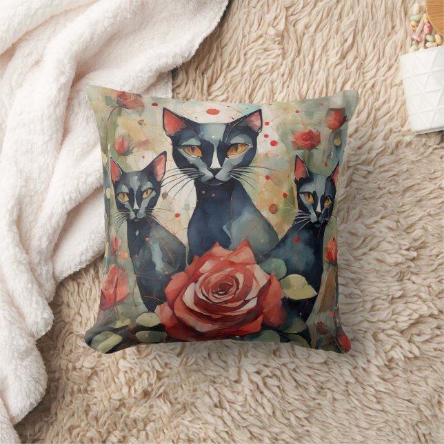 Black Cat Pillow Gothic Red Roses Witches Familiar (Blanket)