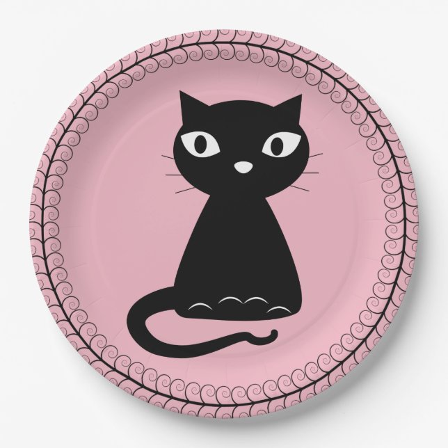 Black Cat Pink Background Decorative Edge Paper Plates (Front)