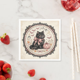 Black Cat Pink Bow Halloween Gothic Pumpkin Coquet Napkins