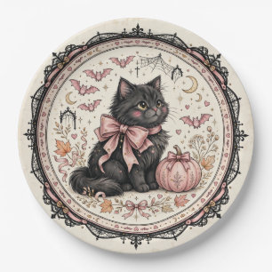 Black Cat Pink Bow Halloween Gothic Pumpkin Coquet Paper Plates