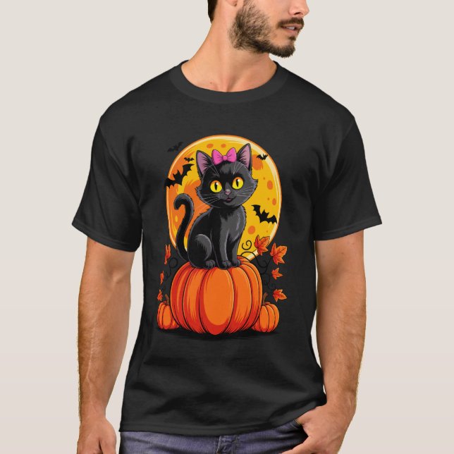 Black Cat Pink Bow Pumpkin Halloween Costume Fall  T-Shirt (Front)