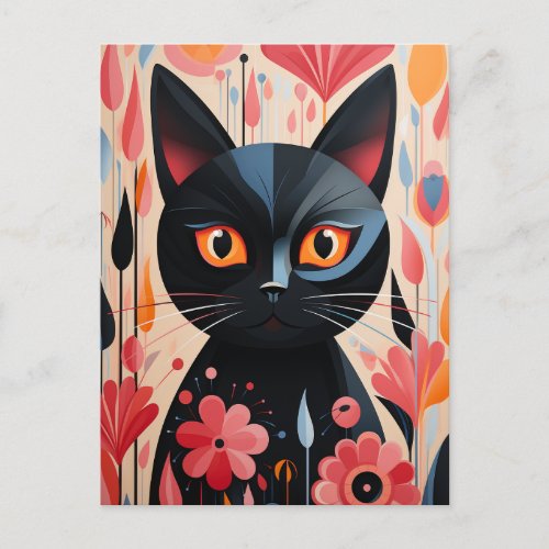 Black Cat Pink Flowers Postcard