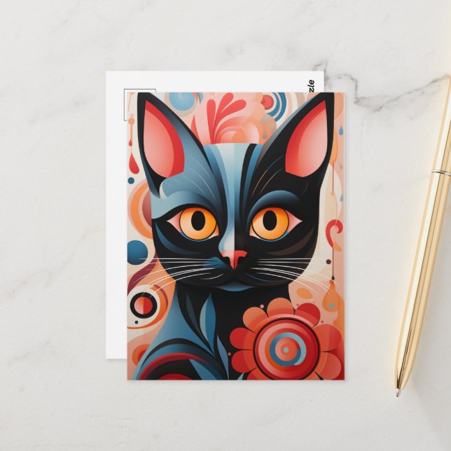 Black Cat Pink Flowers Postcard (Front/Back In Situ)
