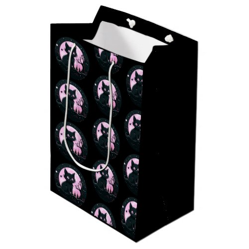 Black Cat Pink Full Moon Celestial Black Halloween Medium Gift Bag